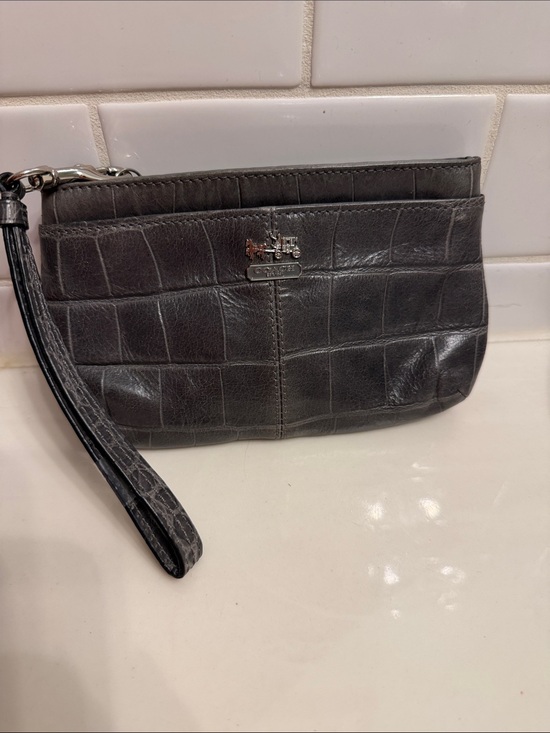 Coach Handbags - Coach Gray Croc-Embossed Leather Wristlet with Silver Hardware